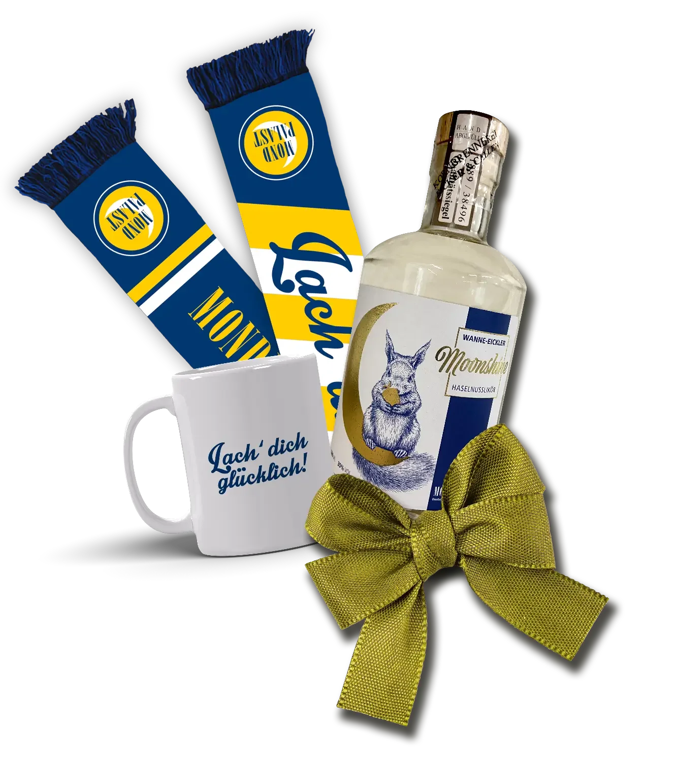 Geschenkideen aus dem Mondpalast: Fanschal, Tasse „Lach dich glücklich!“ und Haselnusslikör